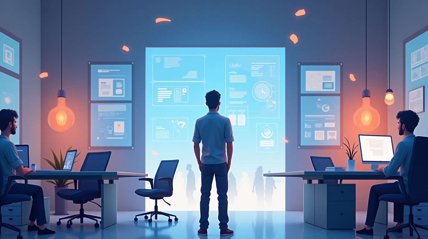 Creative web and graphic designer working on branding in a modern studio – About Mindvition Solution, Hyderabad.