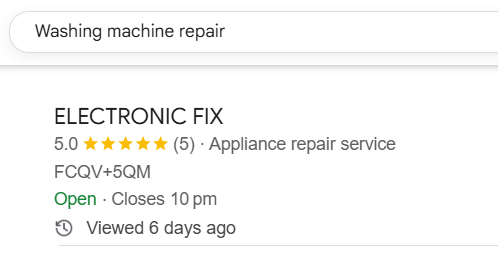 Google My Business optimization result showing Electronic Fix ranked #3 in Hyderabad local search by Mindvition Solution